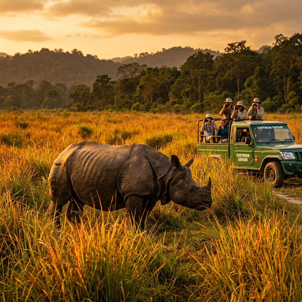 A guided jungle safari group in Chitwan National Park, Nepal, with dense forest and grassland typical of the park's wildlife-viewing areas
